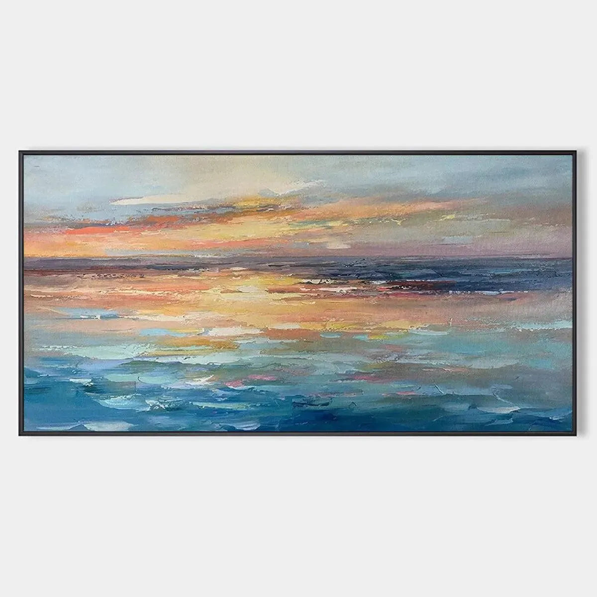 Panoramic Seascape Painting, Textured Wall Art, Horizontal Canvas, Beach Decor