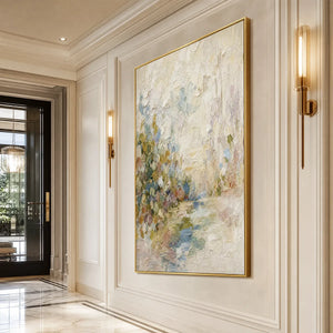 Textured abstract landscape oil painting in gold frame with soft pastel impasto