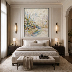 SERENITY textured abstract landscape oil painting above beige bed in modern bedroom