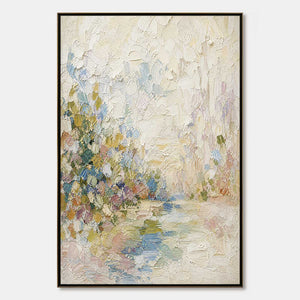 Textured abstract landscape oil painting in soft pastel tones with thick impasto