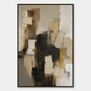 Black gold abstract wall art with layered neutral blocks and vertical structure