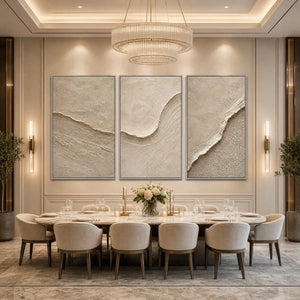 Textured beige Wabi Sabi wall art set of 3 in a modern dining room