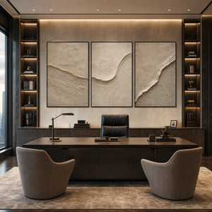Textured beige Wabi Sabi wall art set of 3 in modern office