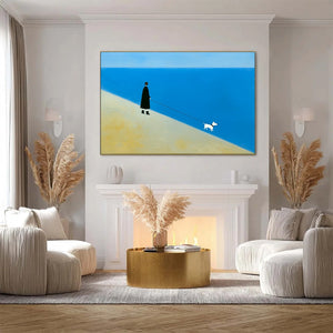 Original minimalist oil painting of figure walking dog on beach, vibrant blue sea.