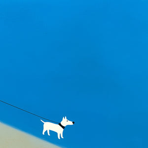 Modern wall art: original minimalist oil painting, white dog on leash, beach scene.