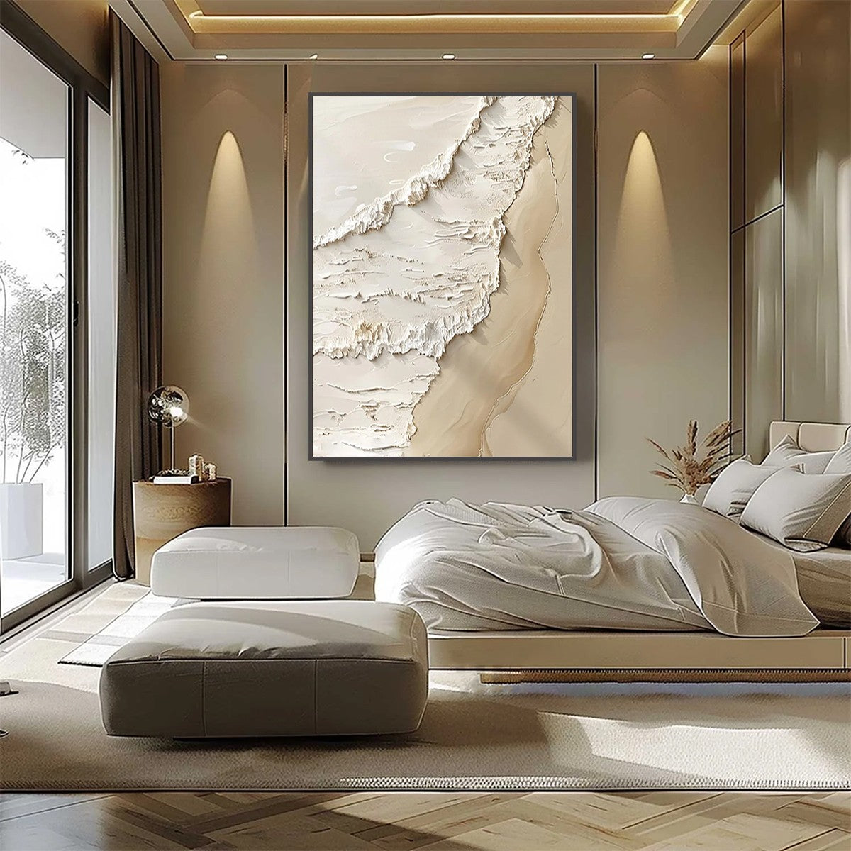 Shoreline Whispers textured minimalist beach oil painting on canvas