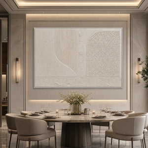 Textured minimalist Wabi Sabi wall art in neutral tones above a modern dining table