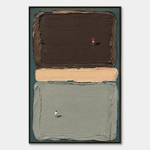 Minimalist color block wall art with tiny swimmers in textured brown, beige, and gray panels
