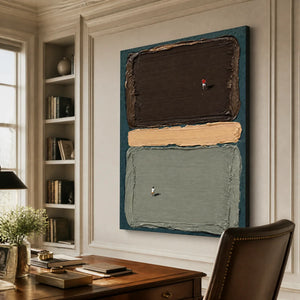 Silent Swimmers abstract wall art with textured color blocks in dark brown, beige, and sage green in a modern office.