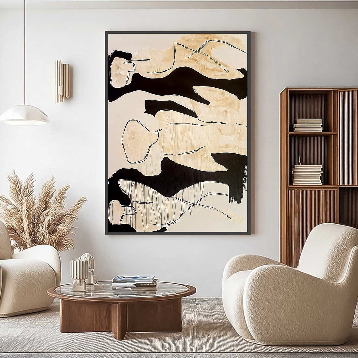 SILHOUETTES IN REPOSE: Large Abstract Figurative Painting in Black and Beige
