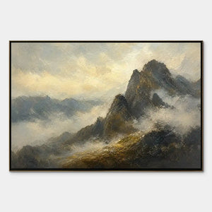 Moody mountain landscape oil painting with misty peaks and warm light