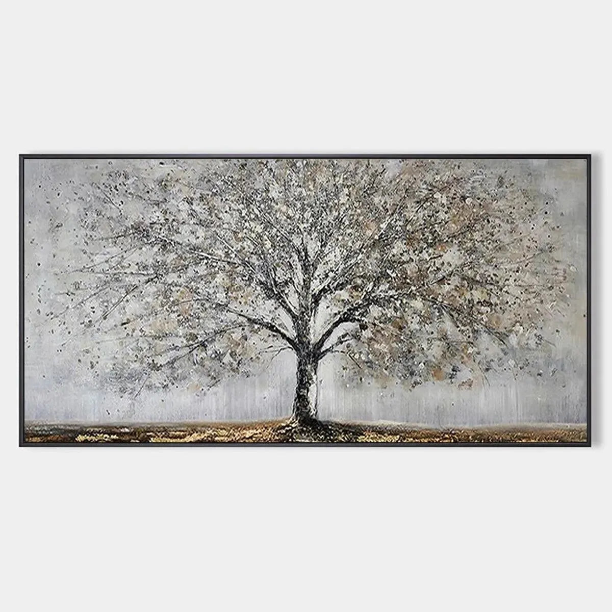 Silver Birch original oil painting - textured tree art in grey and gold with black frame.