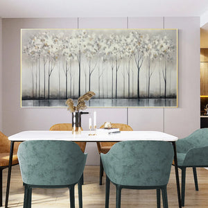 SILVER BIRCH MIST: Forest Landscape Painting in Grey and White