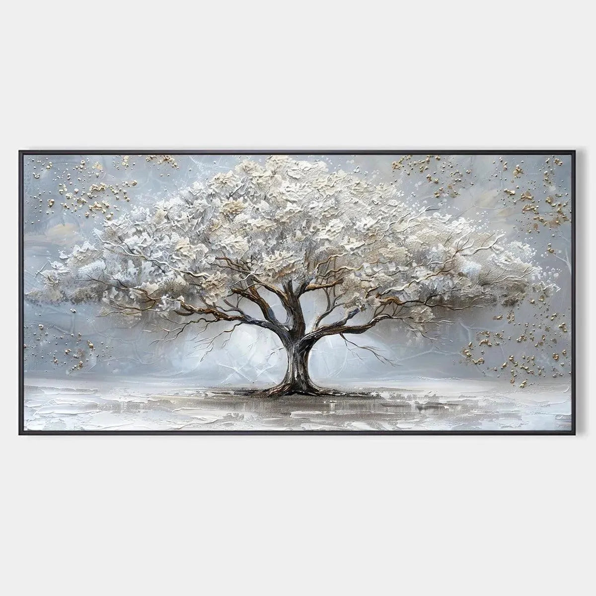 Textured oil painting "Silver Lining" by Liam O'Connell: white and gold tree on grey background, product page.