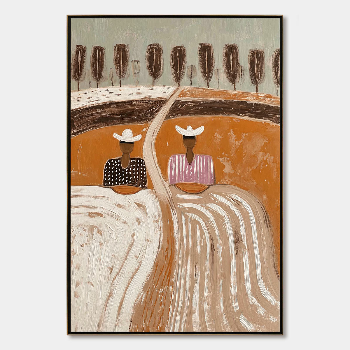 "Sisters of the Soil" original textured boho folk art painting, earthy impasto tones, two figures.