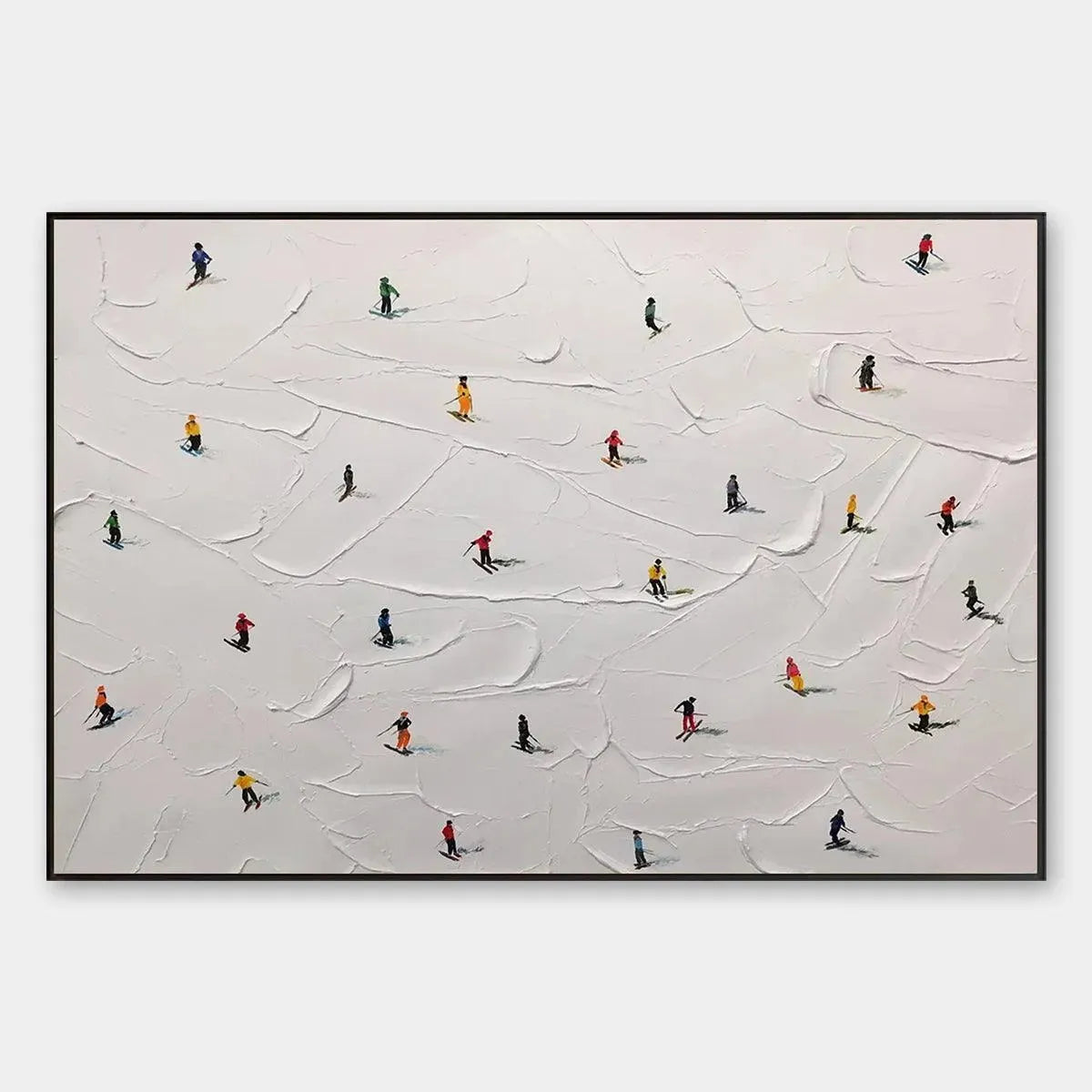 Original minimalist painting of skiers on a textured white snowy slope by Javier Ramirez.
