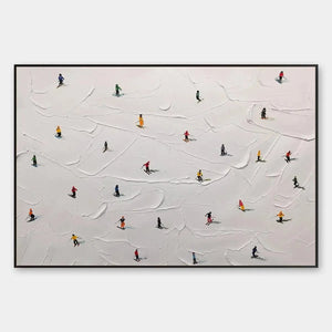 Original minimalist painting of skiers on a textured white snowy slope by Javier Ramirez.