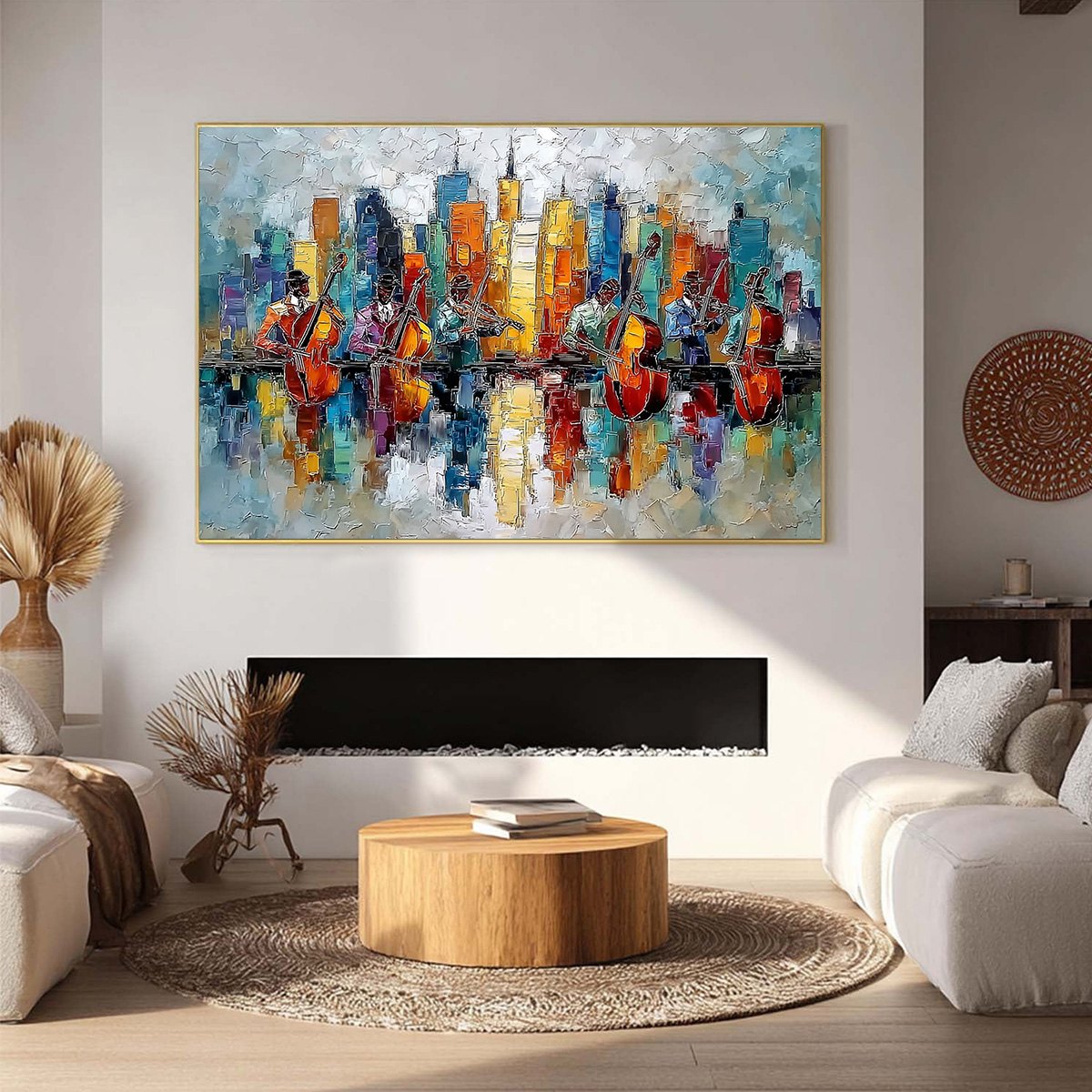SKYLINE SONATA: Textured Palette Knife Painting of Musicians and Cityscape