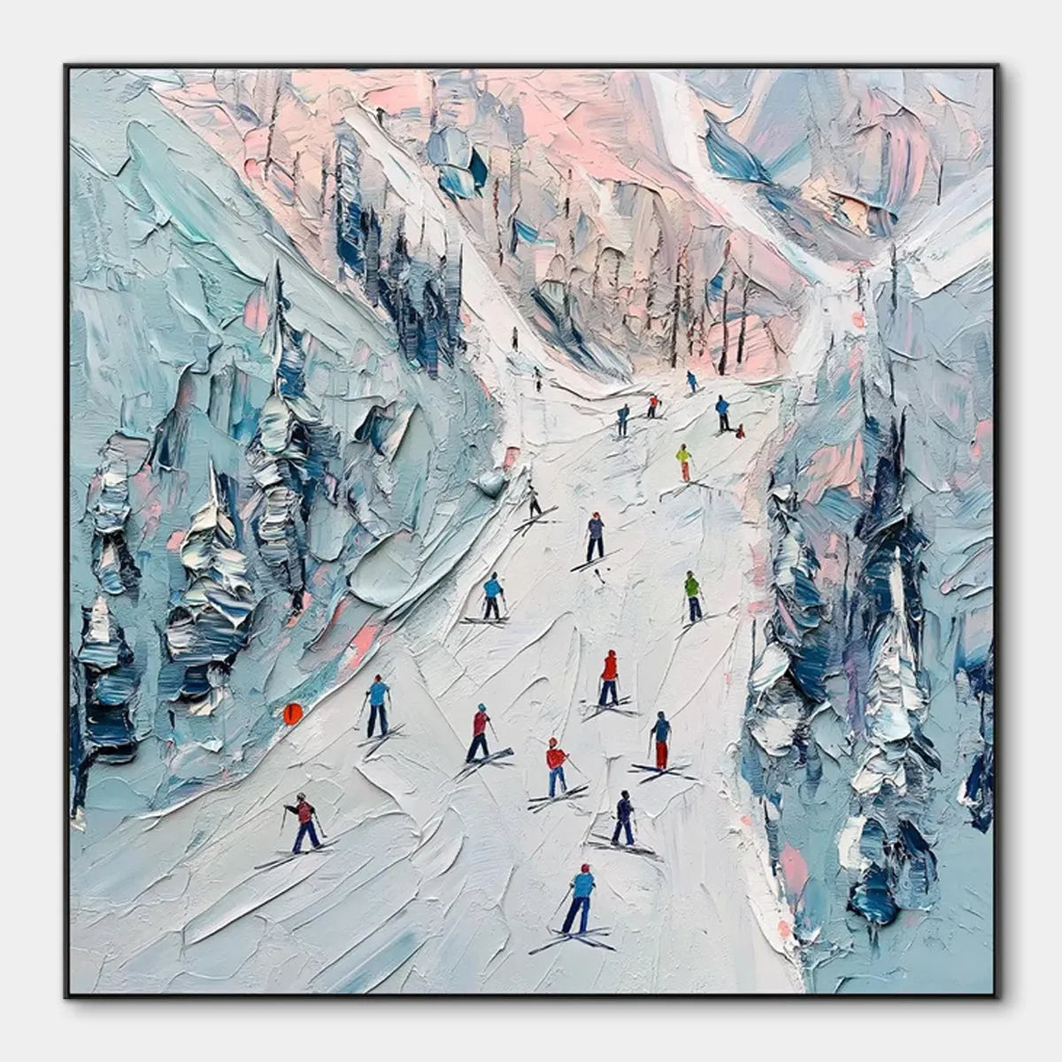 Textured Impasto Ski Slope Scene on Square Canvas