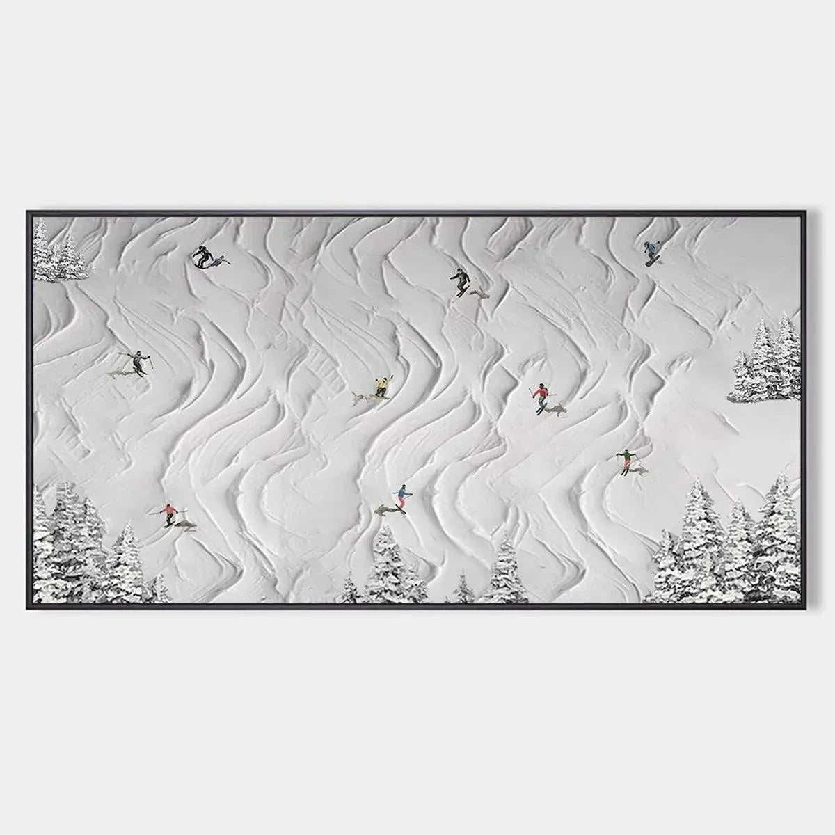 Textured white painting "Snowy Carve" showing skiers carving down snowy slopes with pine trees.