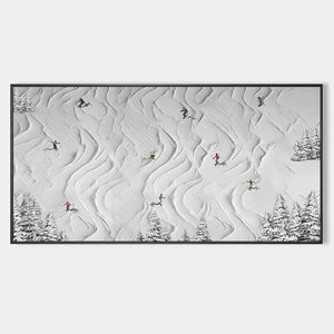 Textured white painting "Snowy Carve" showing skiers carving down snowy slopes with pine trees.