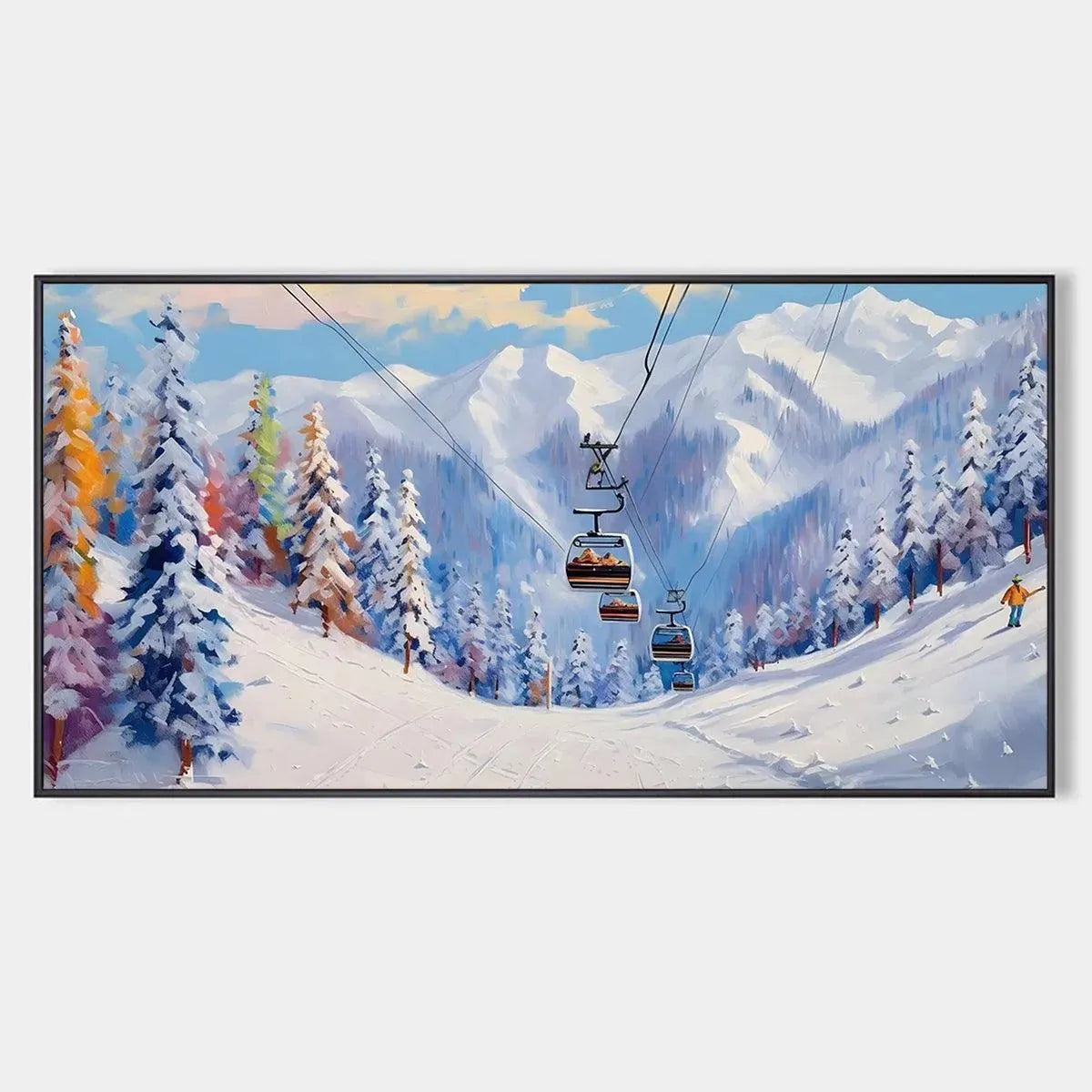SNOWY SLOPES: Panoramic ski resort oil painting by Chak Yu Lam with ski lift, snow-covered mountains and vibrant trees.