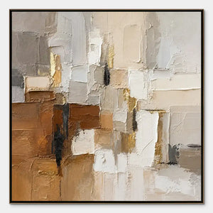 Neutral cubist abstract oil painting with layered blocks in white, beige, brown, and gold