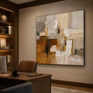Neutral cubist abstract oil painting with textured white, beige, brown and gold blocks in a modern office.