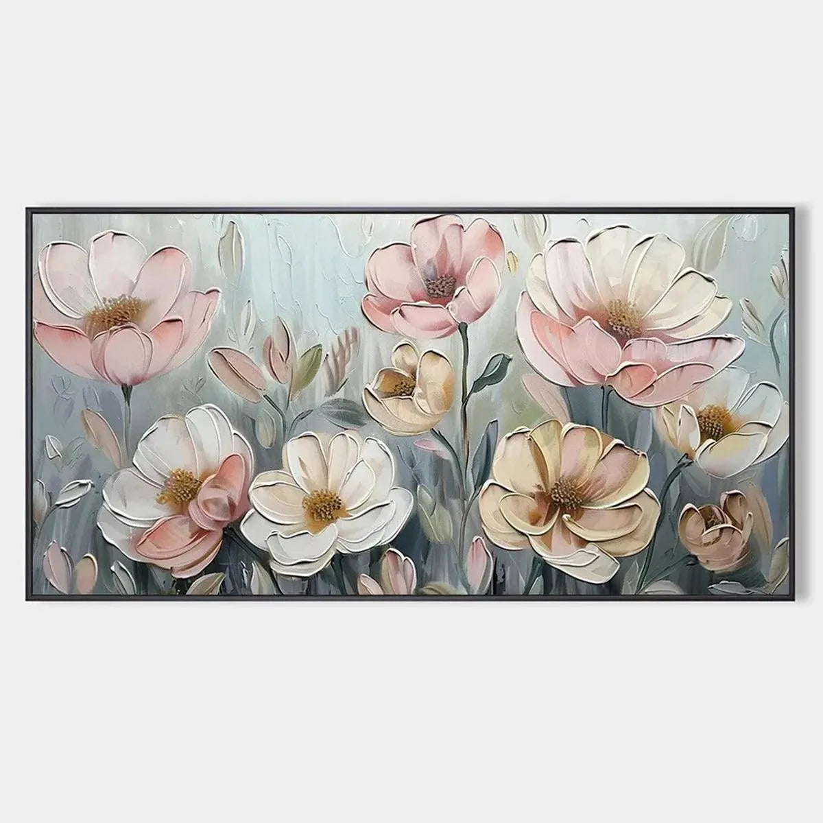 Original modern impasto floral painting, Soft Blossoms, pink and white, thick paint, blue-green background.