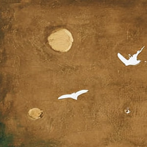 Original earthy Wabi Sabi abstract painting: gold circles, white birds.
