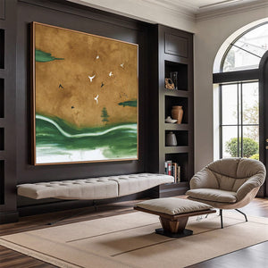 Original abstract wall art: Sojourn minimalist Wabi-Sabi landscape with birds.