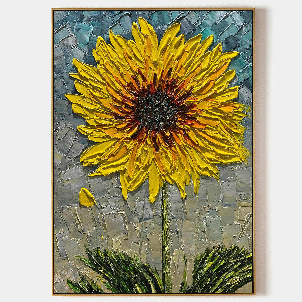 Solar Bloom: Textured Impasto Sunflower Oil Painting Canvas Wall Art Decor in Yellow and Grey