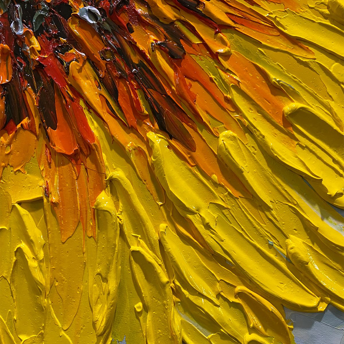 SOLAR BLOOM: Textured Impasto Sunflower Oil Painting in Yellow and Grey