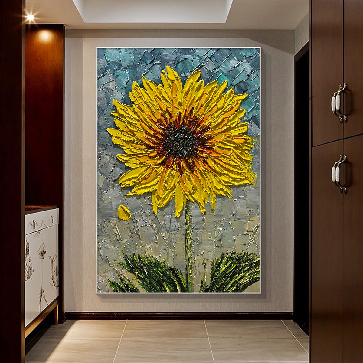 SOLAR BLOOM: Textured Impasto Sunflower Oil Painting in Yellow and Grey