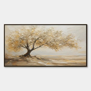 Beige lone tree landscape oil painting with textured gold leaves, modern wall art