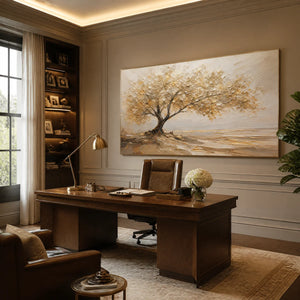 Large-scale impasto "Golden Tree" oil painting with a wooden frame, displayed as a statement piece in a luxury home office.
