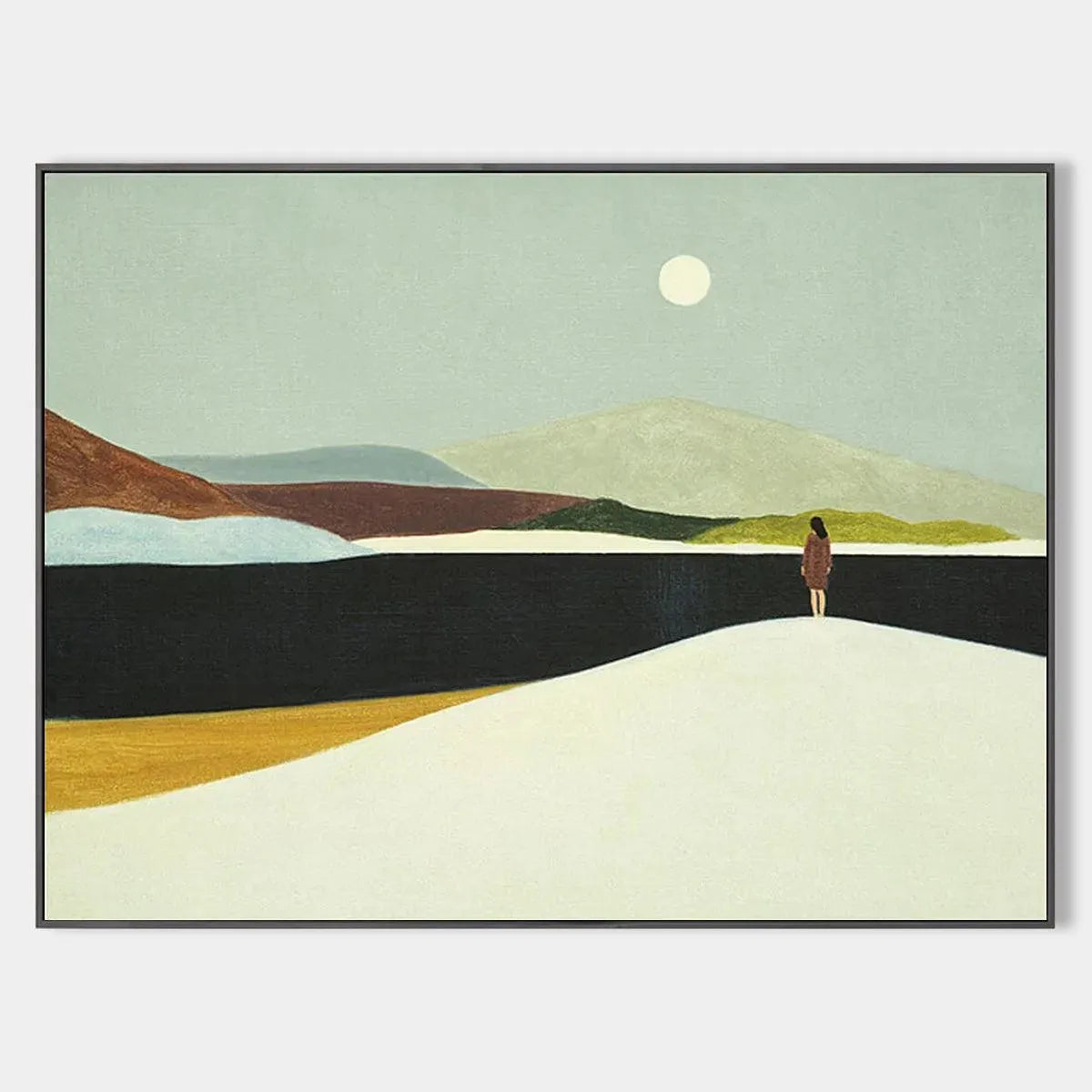 Isabella Rossi's minimalist landscape art: Serene painting of a solitary figure. Horizontal wall art.