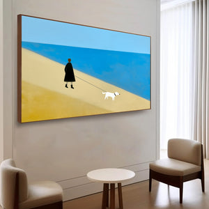 SOLITUDE original painting: minimalist seaside scene with person walking dog, modern abstract wall art.