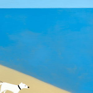 SOLITUDE original handmade oil painting of white dog on beach, modern wall art.