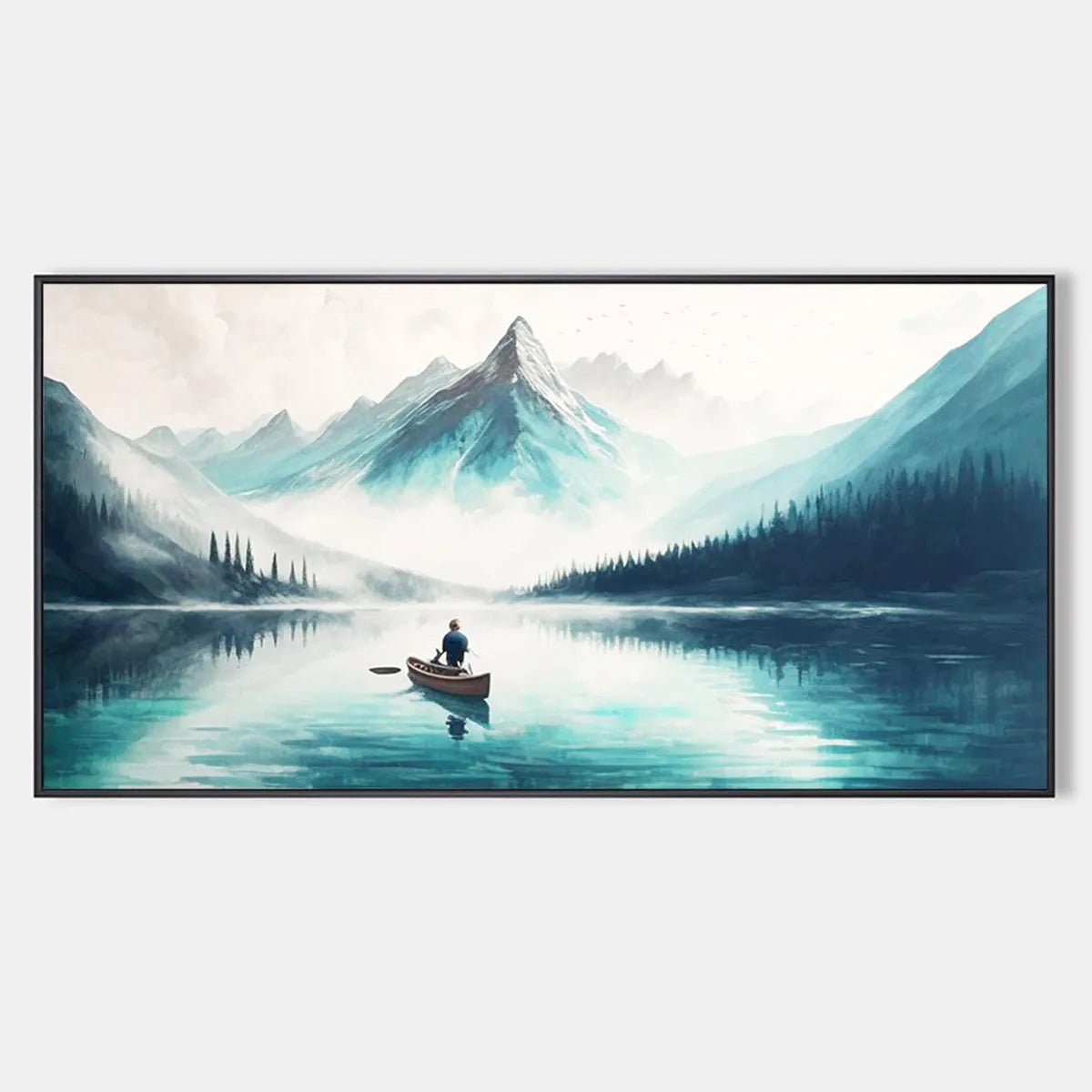 Panoramic Lake and Mountain Landscape Oil Painting with Canoe