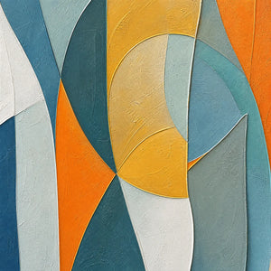 Textured geometric abstract oil painting in blue, teal, orange, white and gold