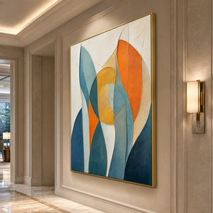 Textured geometric abstract oil painting with teal, blue, orange and gold shapes in a gold frame