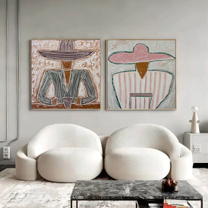 Sombrero Duet oil painting diptych, textured figurative portrait art