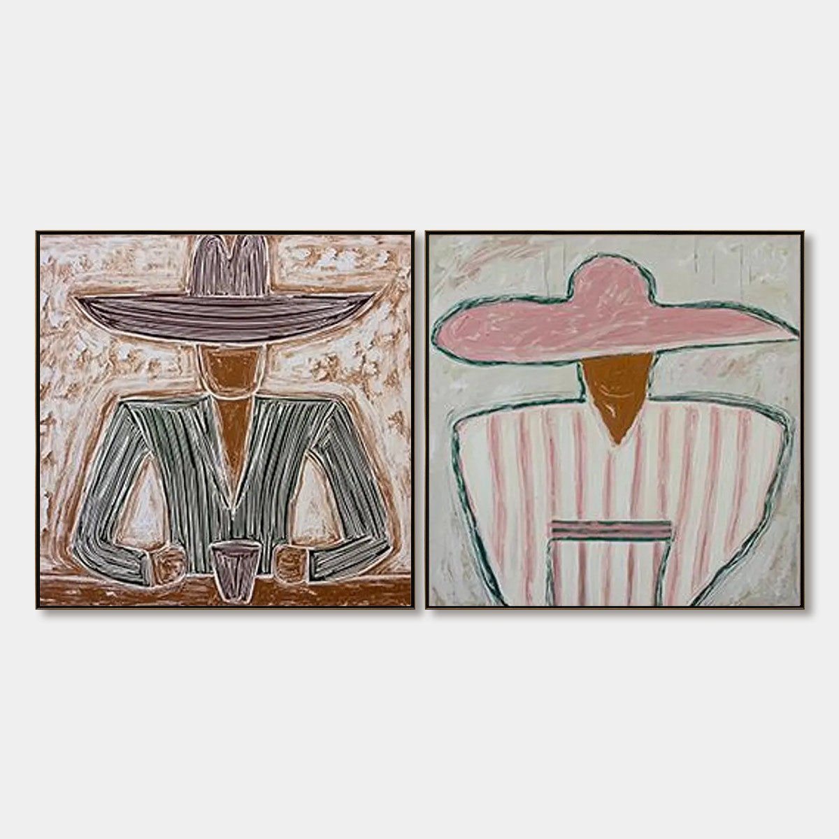 Sombrero Duet oil painting diptych, textured figurative portrait art