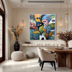 SPECTATORS: Large Colorful Abstract Faces Impasto Painting