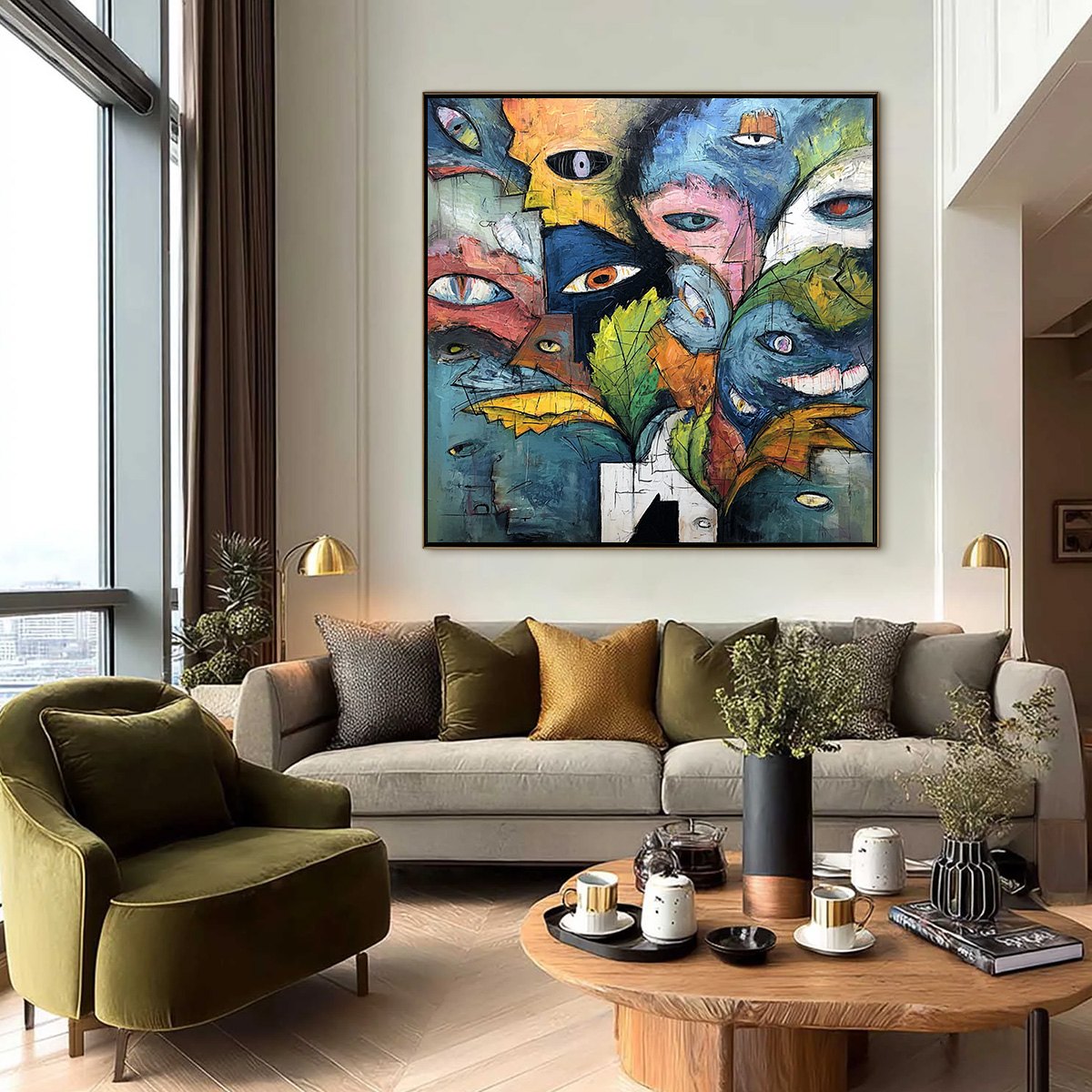 SPECTATORS: Large Colorful Abstract Faces Impasto Painting