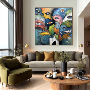 SPECTATORS: Large Colorful Abstract Faces Impasto Painting