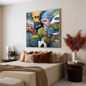 SPECTATORS: Large Colorful Abstract Faces Impasto Painting