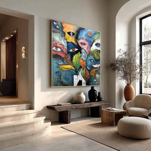 SPECTATORS: Large Colorful Abstract Faces Impasto Painting