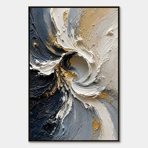 White gold spiral texture abstract painting with navy, gray and gold palette knife strokes